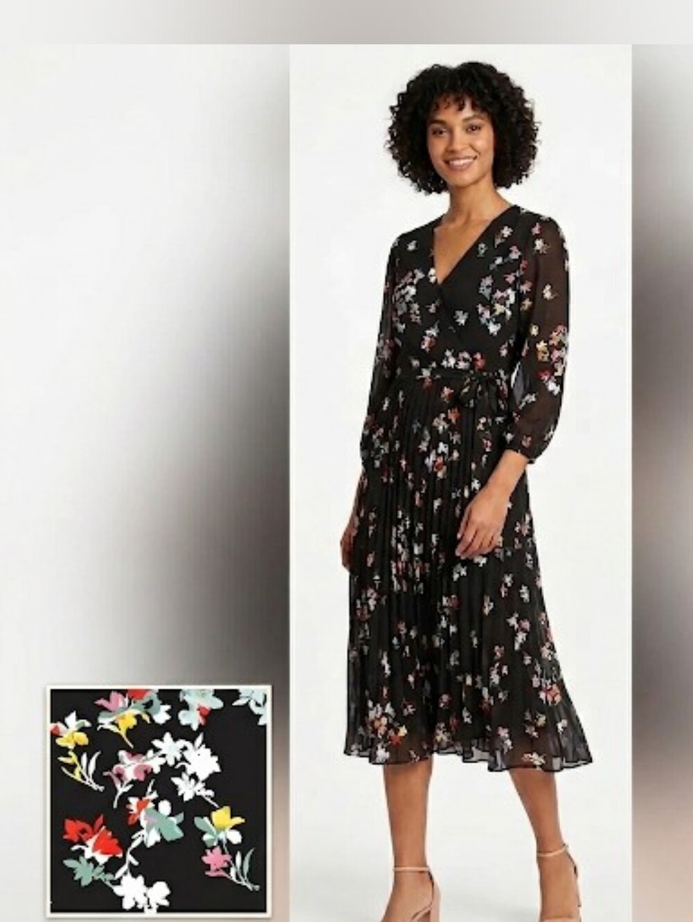 Ann Taylor Floral Pleated Black Midi Dress with Tie Waist Size 0